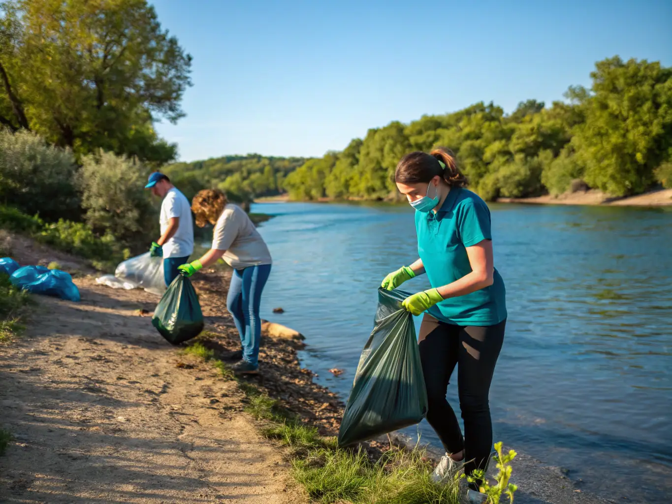 A vibrant photograph showcasing volunteers actively cleaning up a local riverbank, removing litter and debris, with the natural landscape in the background.