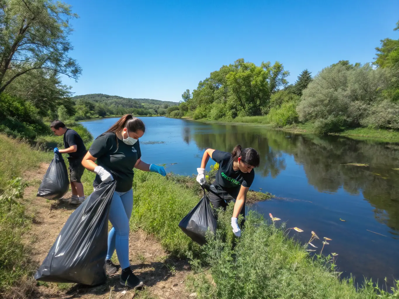 A picture of volunteers cleaning up a local riverbank, removing trash and debris to improve water quality and ecosystem health.