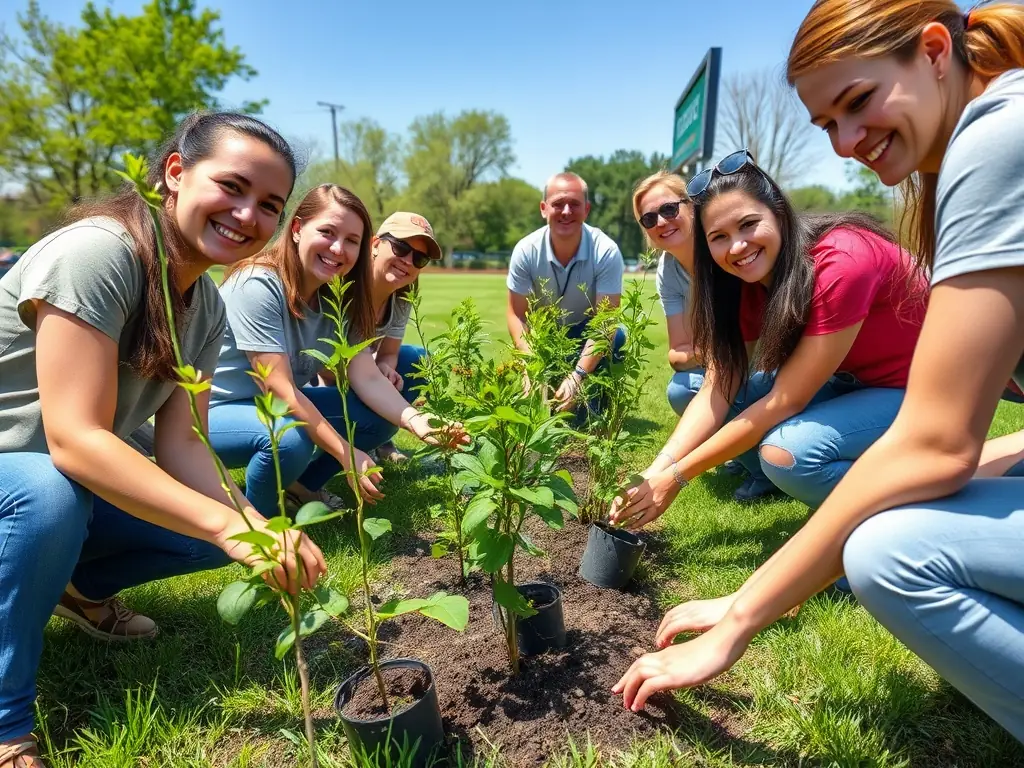 A group of volunteers planting native trees in a protected area, with lush greenery and engaged community members.