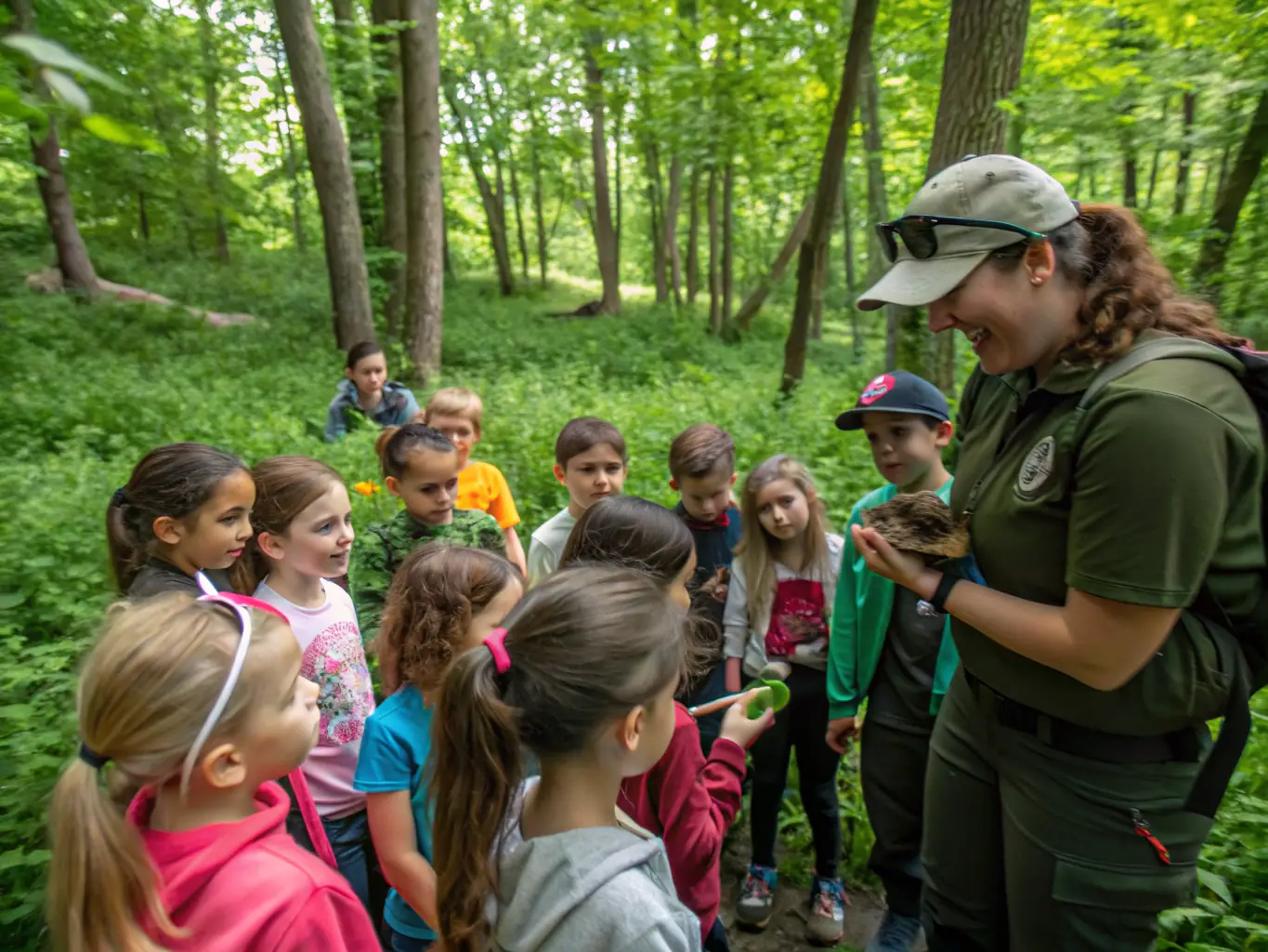 A group of children participating in an educational workshop about local flora and fauna, led by APSA volunteers in a natural setting.