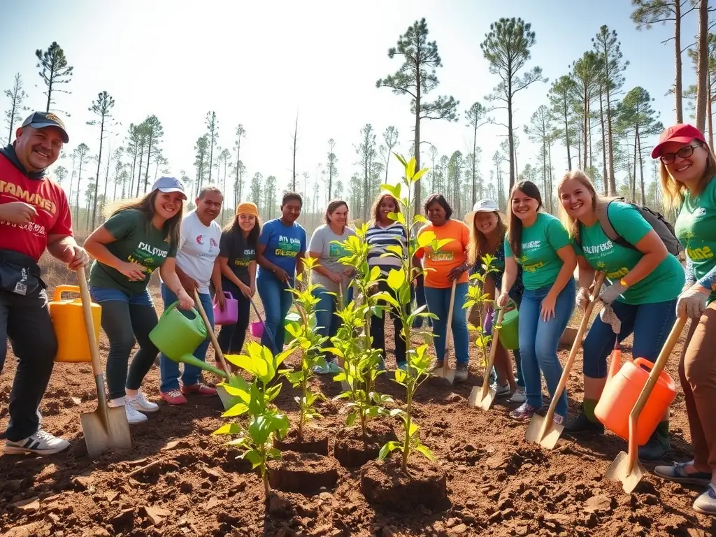 A vibrant image of volunteers planting trees in a deforested area, showcasing APSA's reforestation efforts.